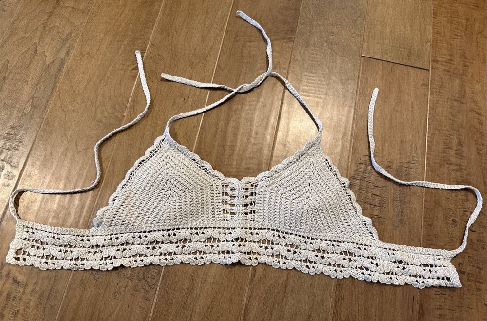 Crochet Halter Crop Top Tank Beige S Boho Music Festival Beach Hippie Retro NEW